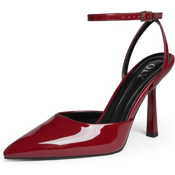 Women Burgundy Pumps Stiletto Wedding Dress Closed Toe Ankle Strap Heel Shoes - Picture 1 of 7